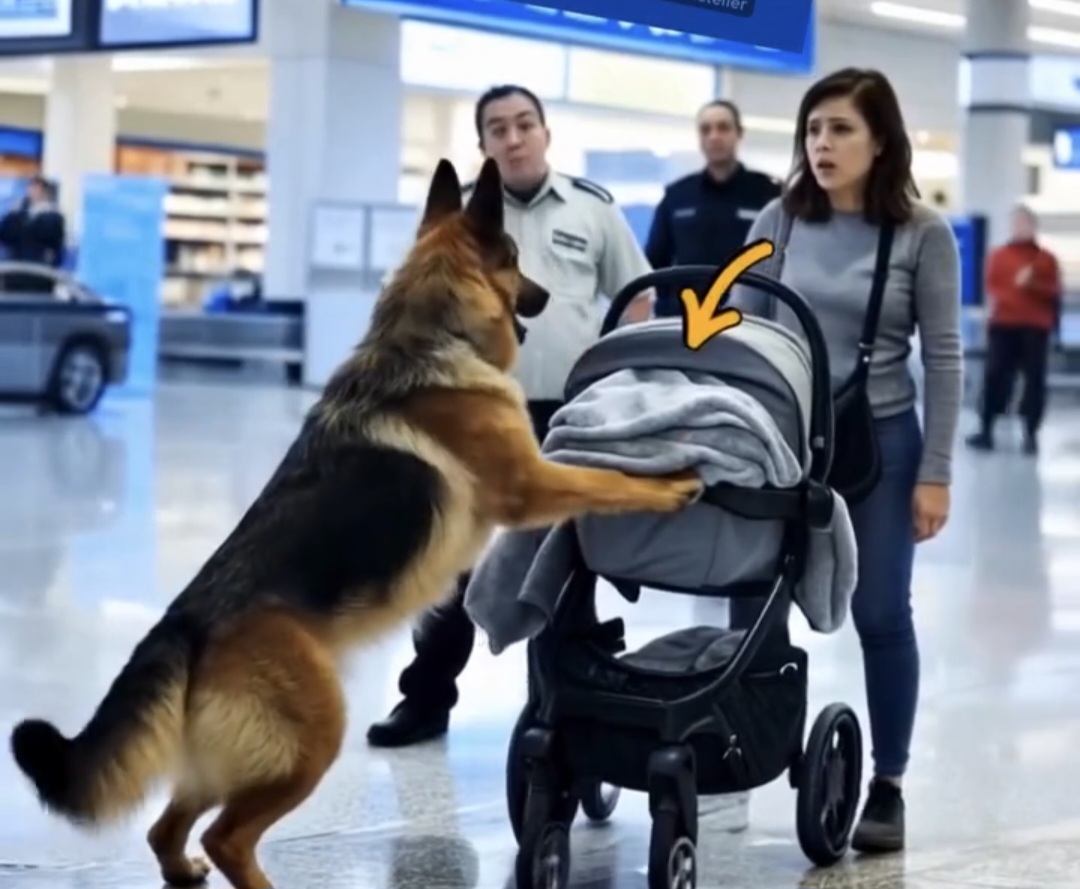 At the airport, a service shepherd dog suddenly lunged at a baby stroller, and what was inside stunned everyone into silence.