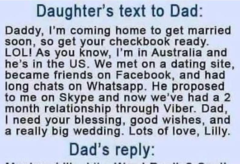 Daughters text to Dad, Funny!!!