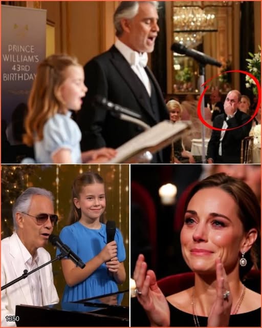 On Prince William’s 43rd birthday, what began as a simple celebration at Windsor Castle’s illuminated garden turned into an unforgettable royal moment. Ten-year-old Princess Charlotte, dressed in a pale blue gown, softly whispered four words—“For you, Daddy”—before joining Andrea Bocelli in a breathtaking performance of The Prayer.