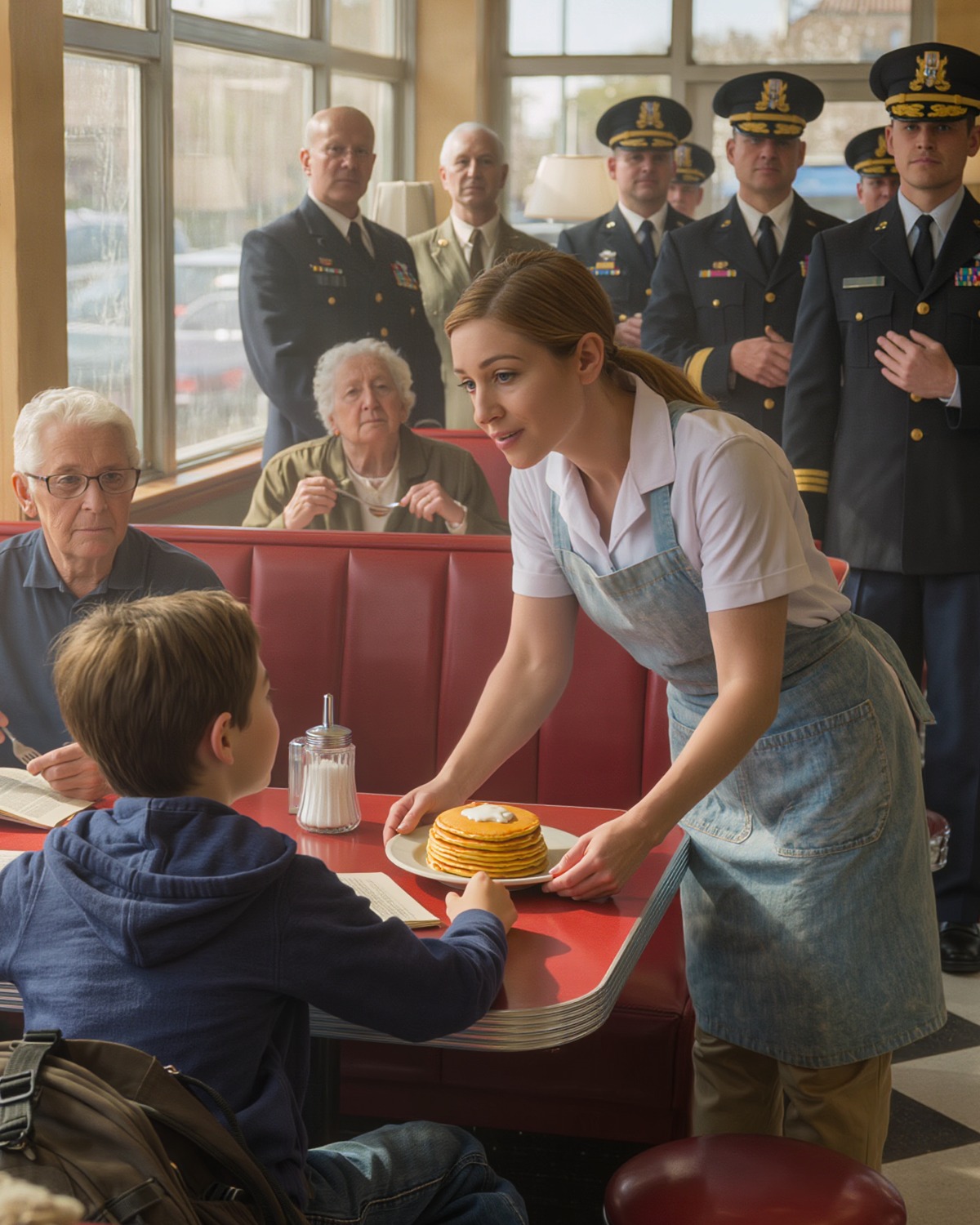 A Waitress Secretly Fed a Lonely Boy Every Morning — Until Four Black SUVs Pulled Up Outside the Diner and Soldiers Walked In With a Letter That Made the Entire Town Fall Silent